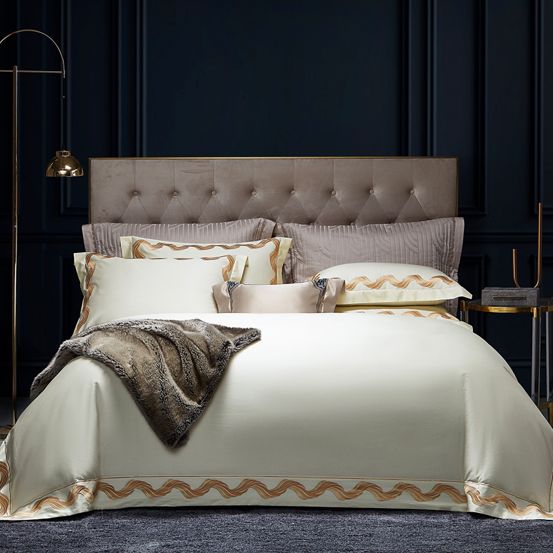 纯白色美式100支全棉四件套简约酒店风床上用品欧式刺绣裸睡被套