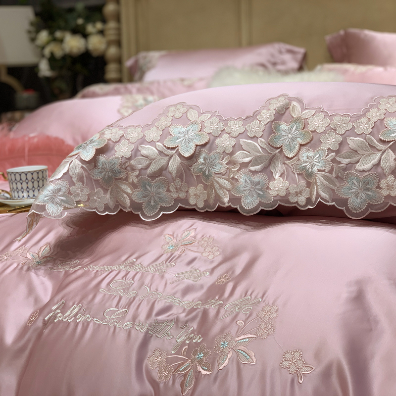华斐家纺 法式小清新粉色四件套贡缎蕾丝1.8米床上用品高档公主风