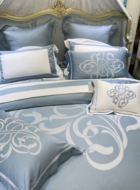 高端140S匹马棉床上用品四件套 纯棉蓝色奢华提花被套别墅样板房