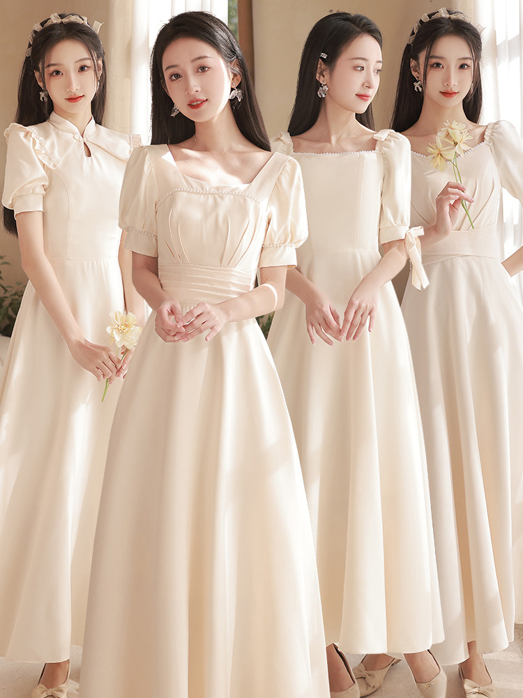 香槟色伴娘服2024年新款缎面姐妹团礼服裙女高级小众平时可穿夏季