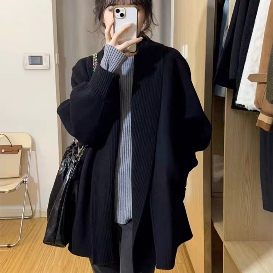 复古法式黑色毛衣外套开衫女秋冬毛针织衫