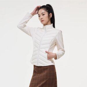大婶家的店2024年冬季新女士拉链外套拼接长袖舒适显瘦弹力立领保暖羽绒上衣