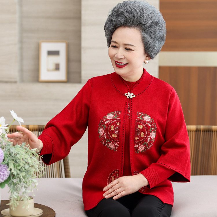 中老年人秋冬女两件套装毛衣外套老奶奶妈妈生日过寿红色披肩唐装