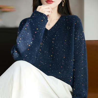 时尚宽松V领彩纱针织打底衫女2025新款洋气大码女装上衣秋冬毛衣