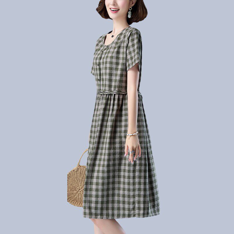 卓贝蒂纯棉格子连衣裙2021年新款夏季短袖40岁中年妈妈显瘦a字裙在类目 女装/女士精品, 大码女装中 - 来自Buy2taobao.com提供专业的淘宝代购服务