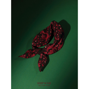 人间富贵腰果花 复古vintage深红印花丝巾女 纯棉小方巾领巾法式