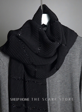 原创定制闪闪美美时尚潮人百搭纯黑色褶皱亮丝蓬松秋冬围巾披巾女