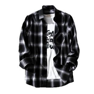 黑白格子衬衫男士韩版潮流春秋款衬衣宽松潮牌休闲长袖上衣外套男