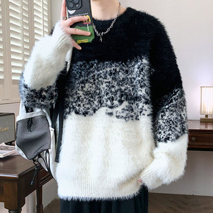 拼色青少年针织衫 水貂绒毛衣男秋冬款 圆领软糯毛线衣服保暖冬装