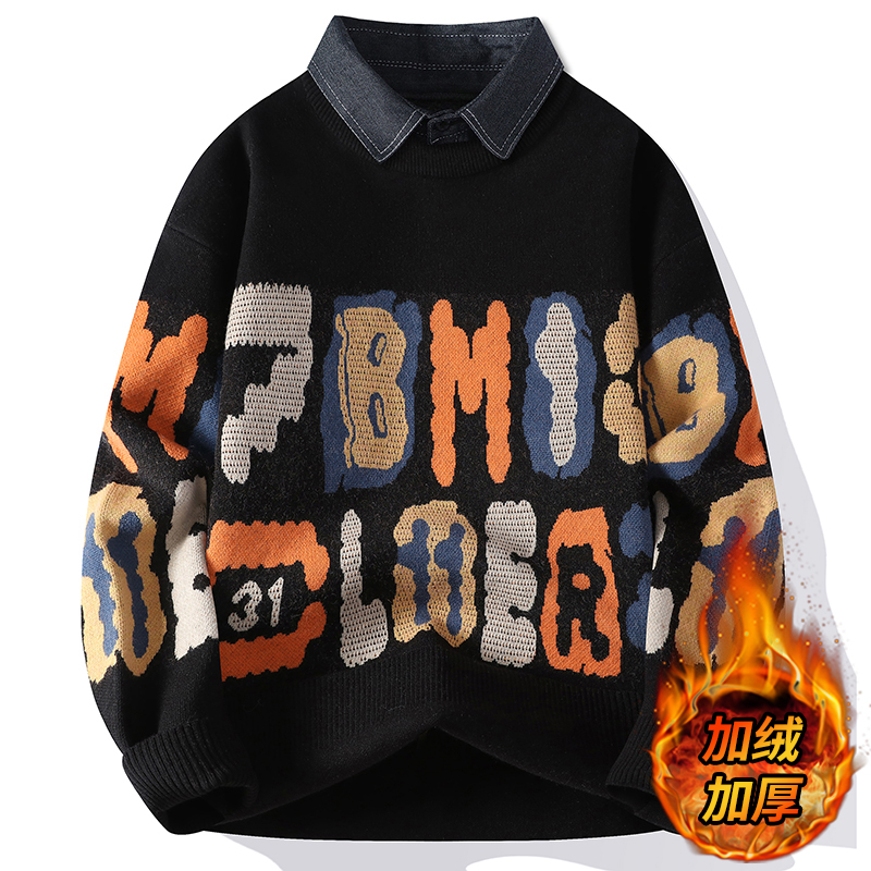 毛衣男秋冬季新款加绒保暖衬衫领