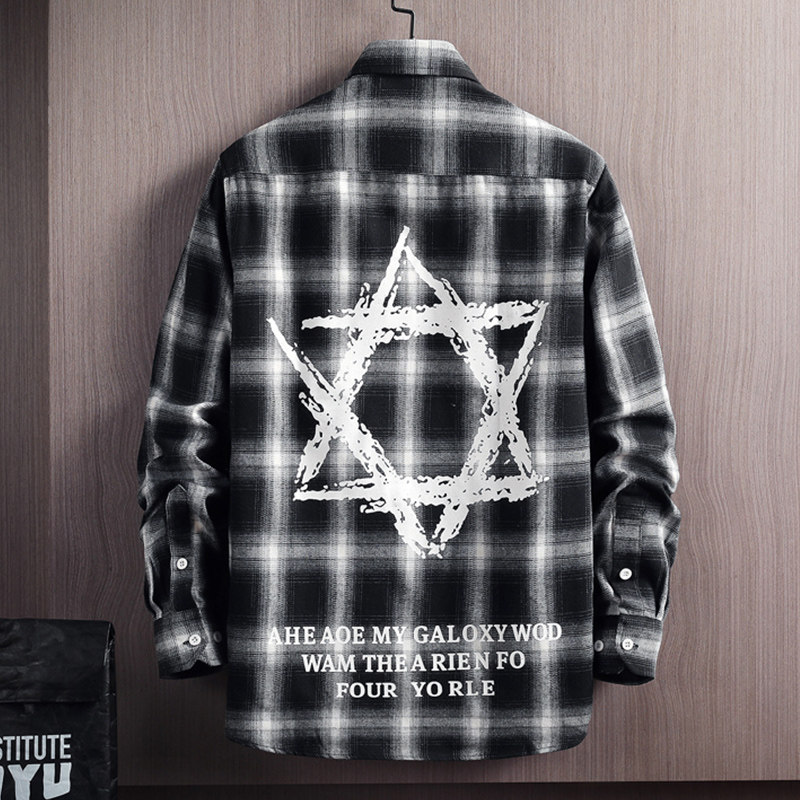 休闲长袖衬衫男士2025新款春秋潮牌痞帅日系格子衬衣工装外套上衣