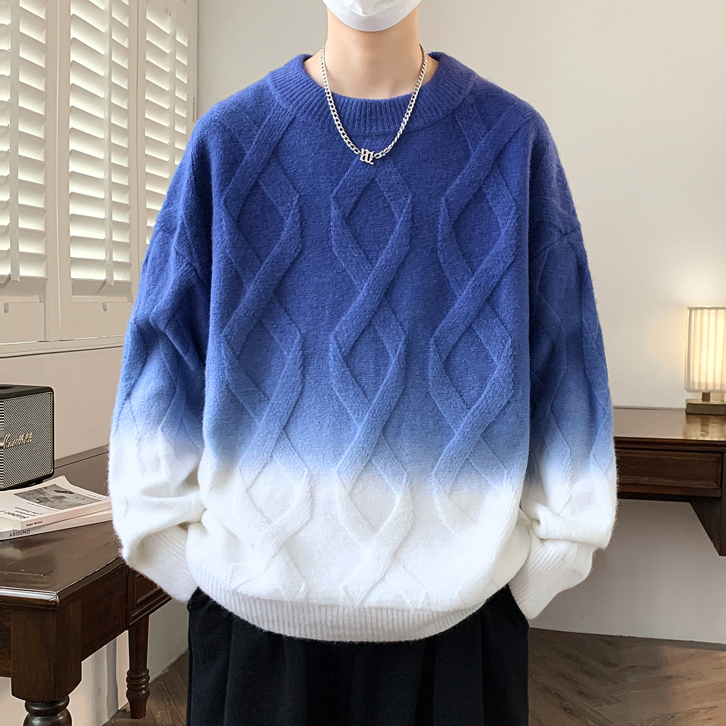 渐变色毛衣男冬季加厚简约潮针织衫男宽松慵懒风套头衫毛线衣外套