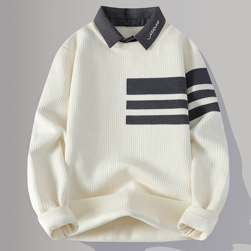 假两件毛衣男秋冬季2025新款衬衫领针织衫男士条纹打底衫保暖线衣
