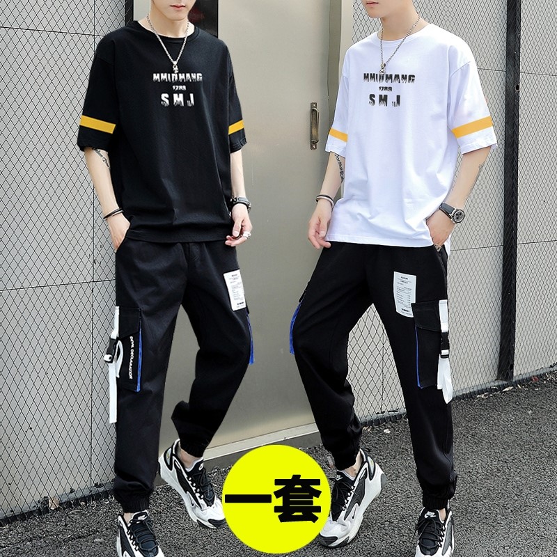 青少年夏季薄款休闲长裤套装男运动衣服高中初中学生男孩大童夏装