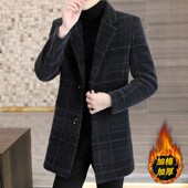 风衣潮 休闲外套帅气金貂绒格子妮子中长款 毛呢大衣青年男士 秋冬季