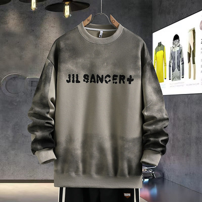 渐变圆领卫衣男秋冬款加绒潮牌长袖t恤男宽松帅气内搭打底衫上衣T