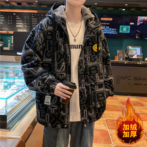 美式潮牌棉衣男冬季青少年学生加厚羊羔绒派克服痞帅宽松牛仔棉服