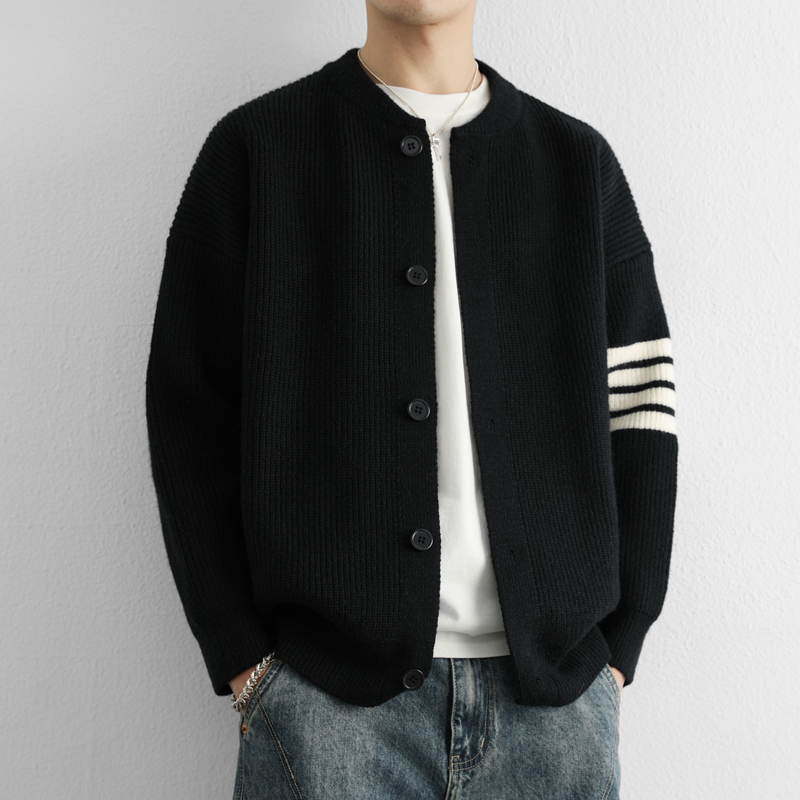 棒球领针织开衫男士三条杆纽扣毛衣外套春秋季新款休闲高级感青年