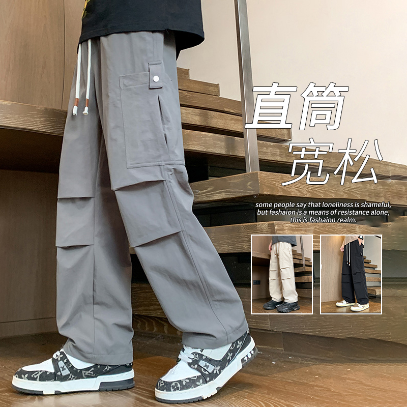 美式工装裤子男夏季冰丝速干休闲长裤男宽松青少年灰色直筒运动裤