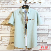 男士 潮流日系潮牌帅气棉感薄款 短袖 韩版 冰丝滑料衬衣 休闲衬衫 夏季