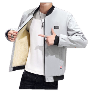 秋冬新款加绒加厚棉衣男韩版修身潮流青年外套纯色休闲棒球服夹克