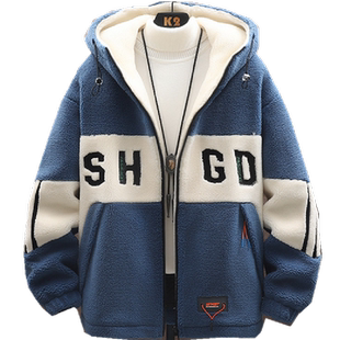 羊羔毛加厚外套12岁男孩13初中学生14帅气颗粒绒夹克15大童秋冬装