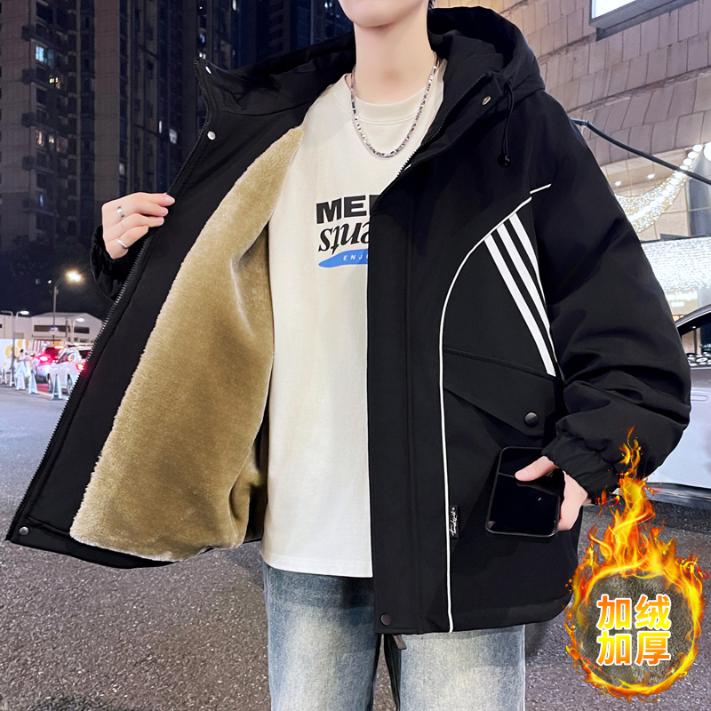 加绒加厚夹克男秋冬季撞色连帽外套男冬装上衣美式廓形保暖派克服