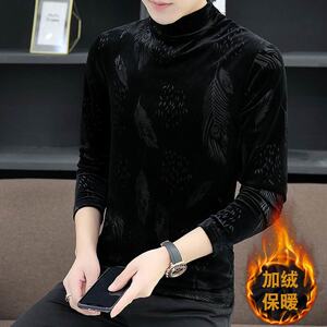 男士金丝绒长袖t恤男加绒加厚冬季高领打底衫青少年潮牌保暖上衣