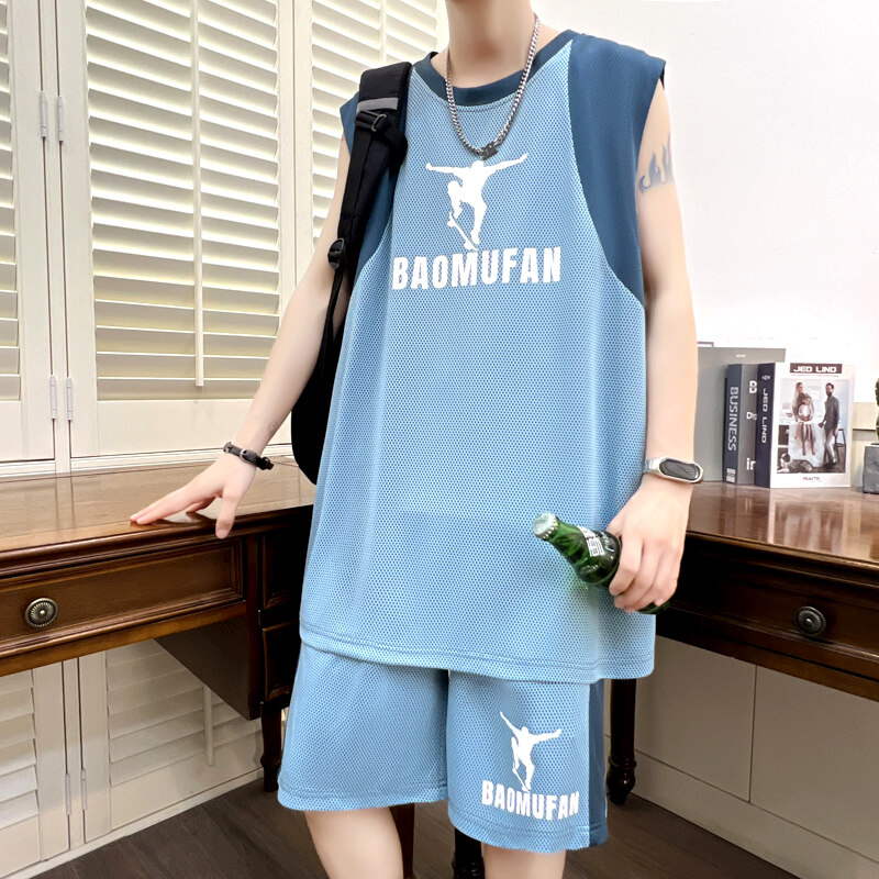 冰丝无袖t恤男孩12-15岁青少年学生速干篮球服13大童背心运动套装