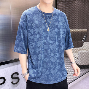 宽松冰丝体恤衫男士个性提花薄款短袖t恤夏季ins潮牌五分袖上衣服