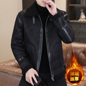 冬季 麂皮绒外套男短款 皮毛一体加绒加厚羊羔毛翻领皮衣夹克机车服