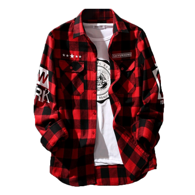 红色格子衬衫男士长袖宽松休闲潮