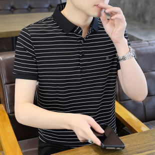 休闲潮流条纹上衣带领短袖 翻领polo衫 新款 男装 t恤男 潮牌2025夏季