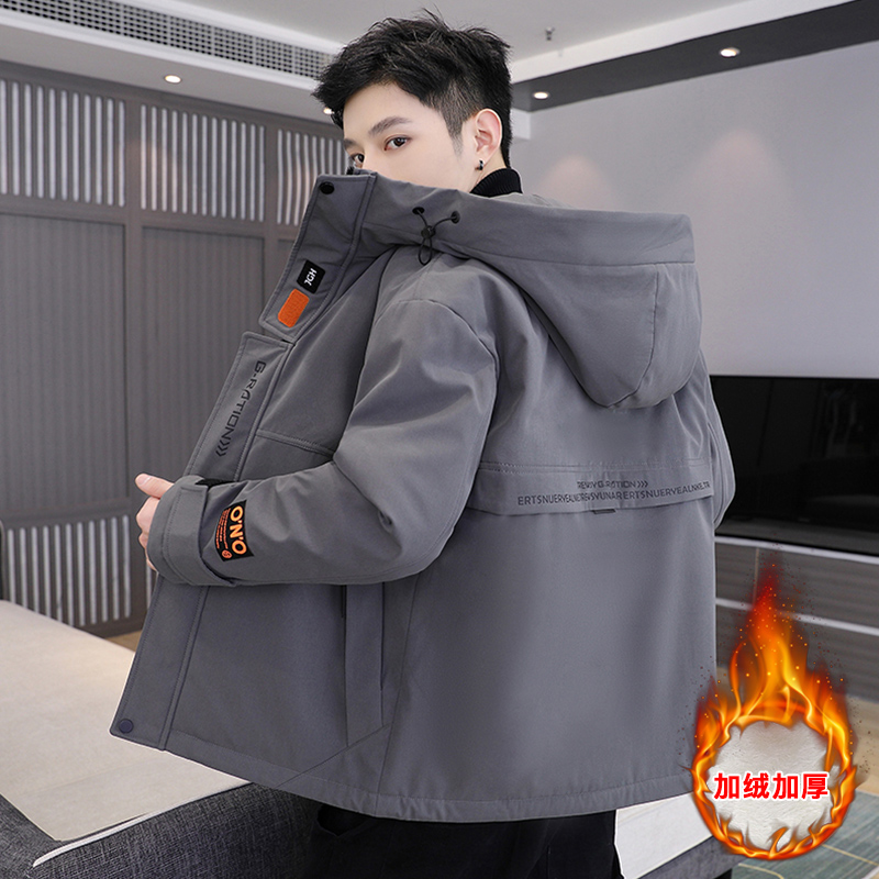 男工装夹克连帽加绒加厚外套冬季