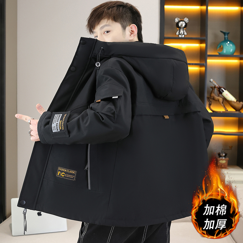 工装夹克男潮牌秋冬加绒连帽