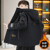 工装 夹克男潮牌秋冬加绒加厚连帽棉服外套男青少年户外保暖冲锋衣