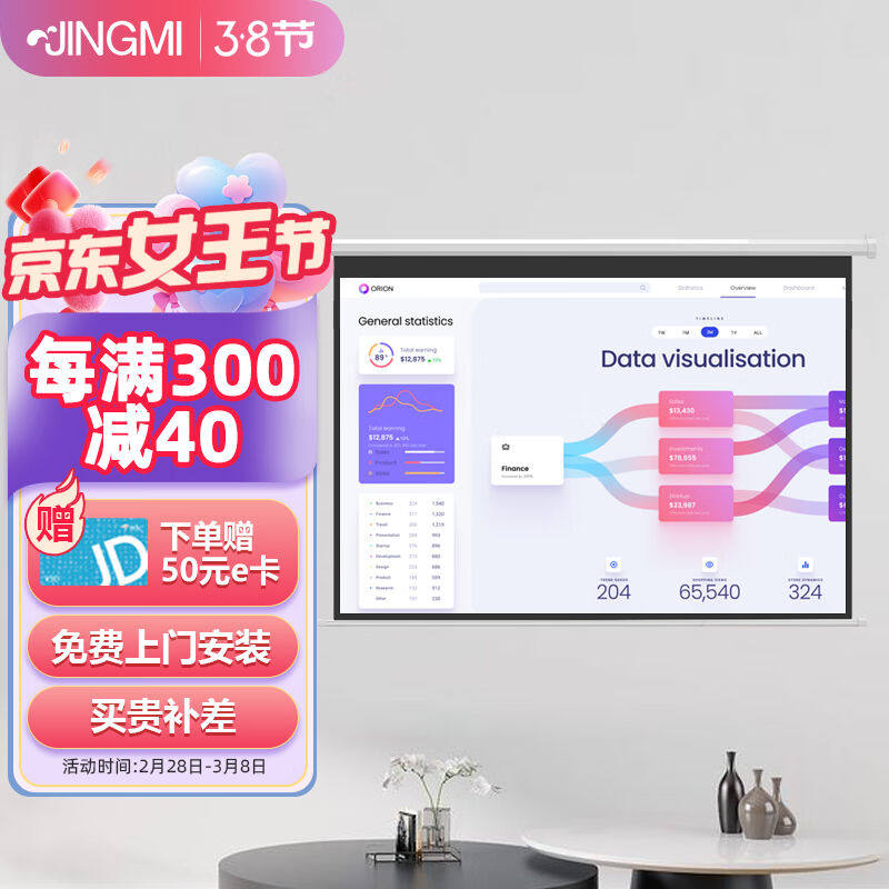 鲸米（JINGMI）投影幕布120英寸4:3电动遥控幕布D6高清4K灰玻纤抗