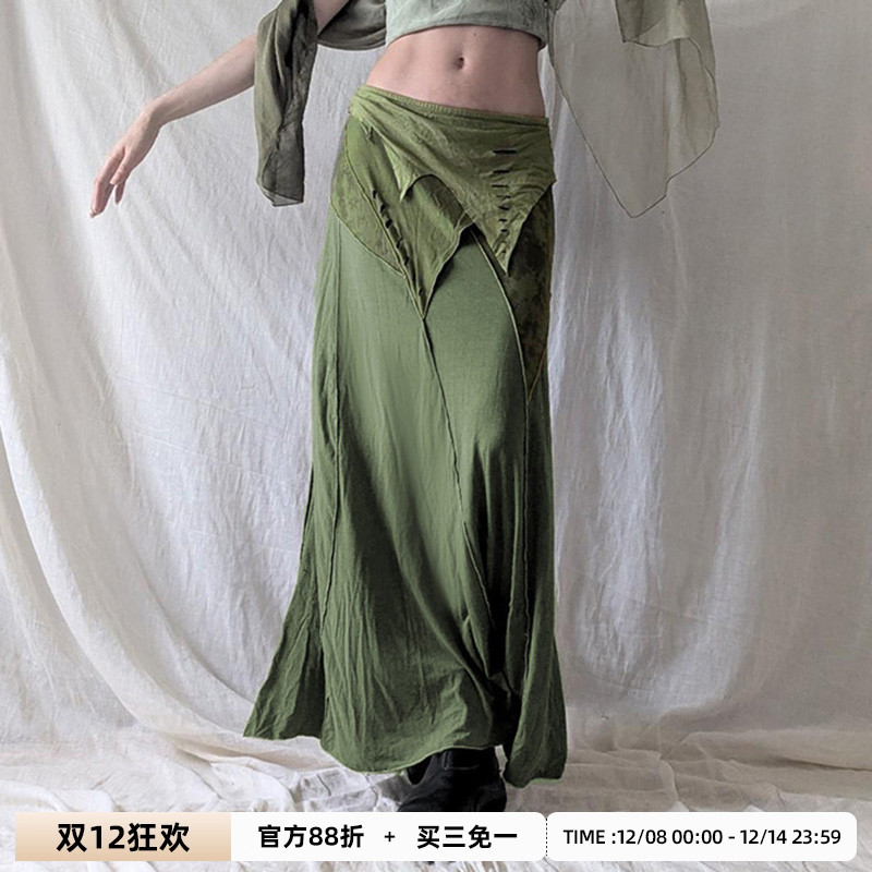 SWEETOWN尼泊尔复古拼布分割设计小众半身裙古着辣妹垂感开叉长裙