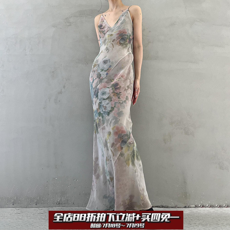 SWEETOWN古典美#新中式素雅水墨花卉吊带裙v领垂感复古小众连衣裙