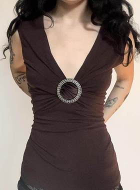 SWEETOWN反叛少女#古着镶钻圆环褶皱v领背心复古棕色显瘦内搭吊带