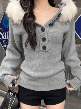 SWEETOWN温柔风辣妹毛领亨利领韩系收腰连帽毛衣纯色百搭休闲上衣