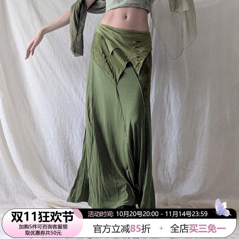 SWEETOWN尼泊尔复古拼布分割设计小众半身裙古着辣妹垂感开叉长裙