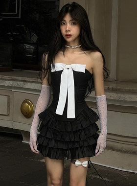 SWEETOWN甜心教主#蝴蝶结拼色多层蛋糕公主裙辣妹抹胸收腰连衣裙