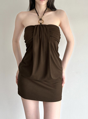 SWEETOWN美式复古串珠挂脖褶皱收腰抹胸裙性感辣妹显瘦包臀连衣裙