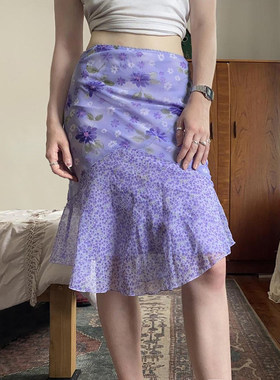 SWEETOWN紫色繁花#温柔甜美碎花拼接中长裙法式田园度假显瘦半裙