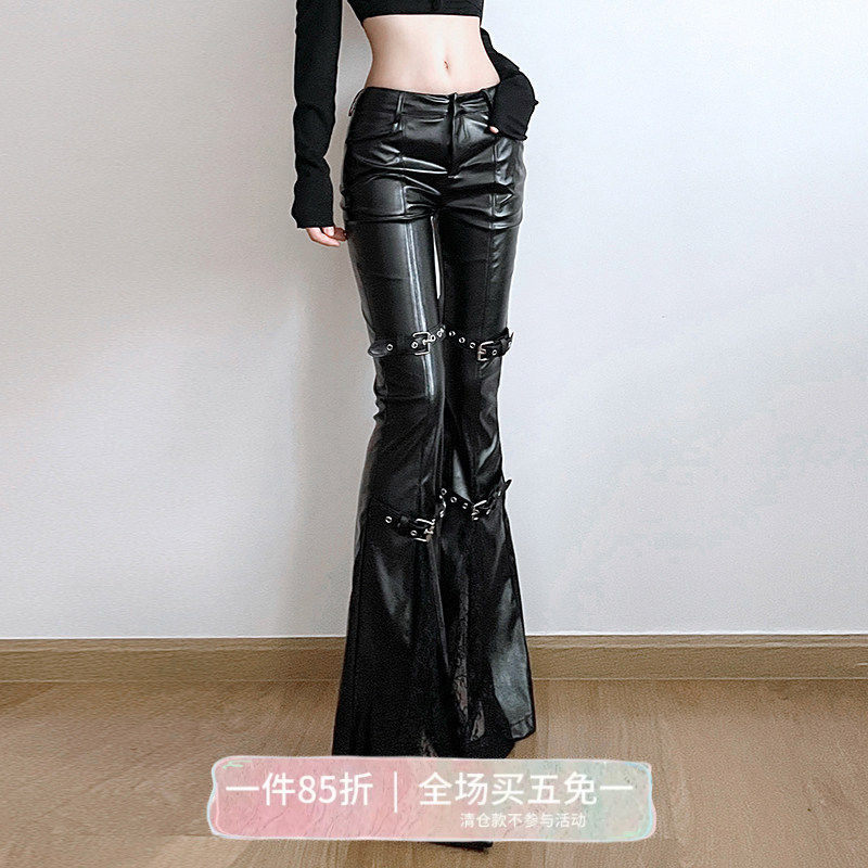 SWEETOWN暗黑特工#甜酷辣妹蕾丝微喇裤机能感金属扣小众pu皮裤女