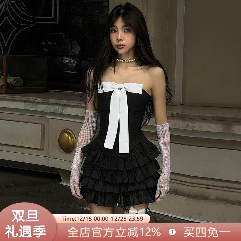 蝴蝶结拼色多层抹胸蛋糕公主裙夏