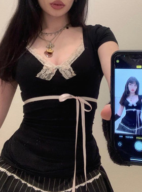 SWEETOWN日系少女#甜辣妹蝴蝶结拼色短袖T恤法式蕾丝花边上衣