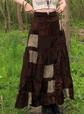 SWEETOWN古着破烂感vintage印花拼布半长裙小众复古丝绒A字伞裙女