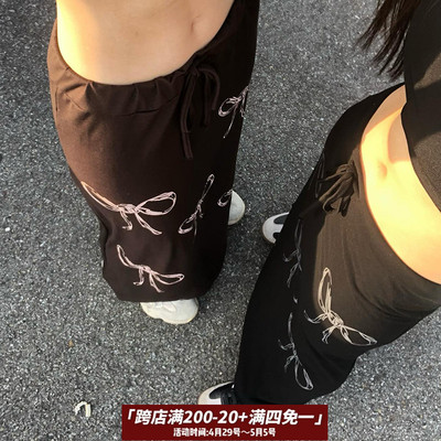 法式蝴蝶结印花直筒显瘦半长裙女